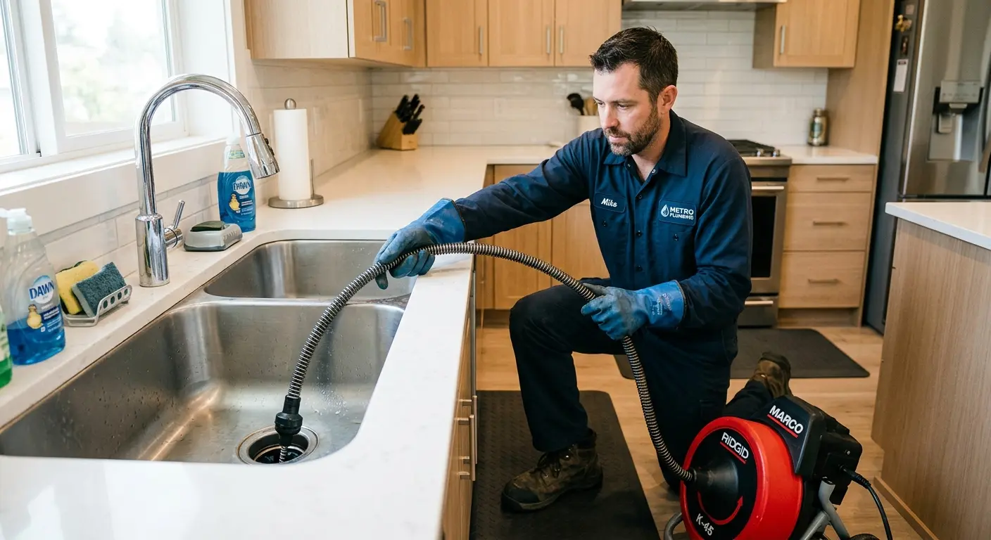 Drain cleaning technician using a motorized snake on a kitchen sink in Virginia