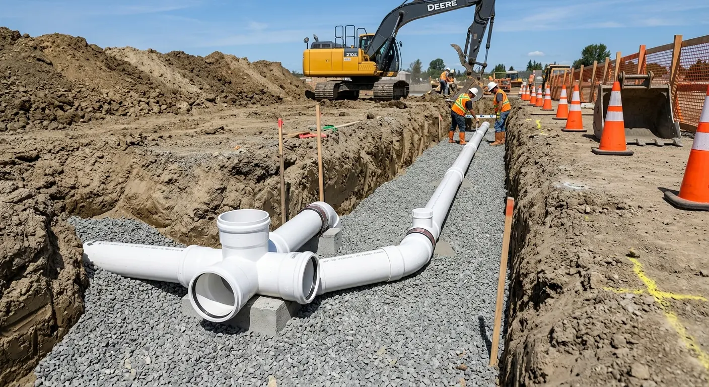 New PVC sewer pipe installation in open trench for Commercial Drain Cleaning in Virginia